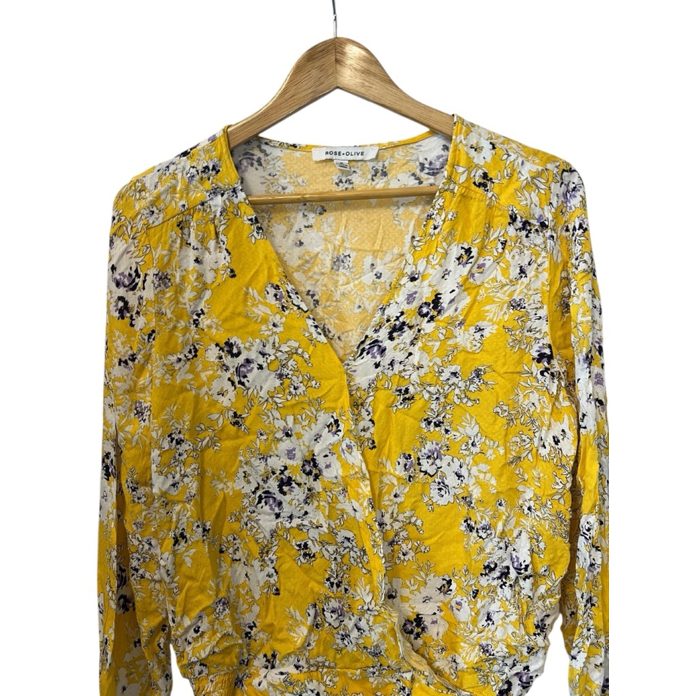 Rose + Olive Yellow Floral Wrap Style Blouse Boho Cottagecore Medium - Picture 3 of 10